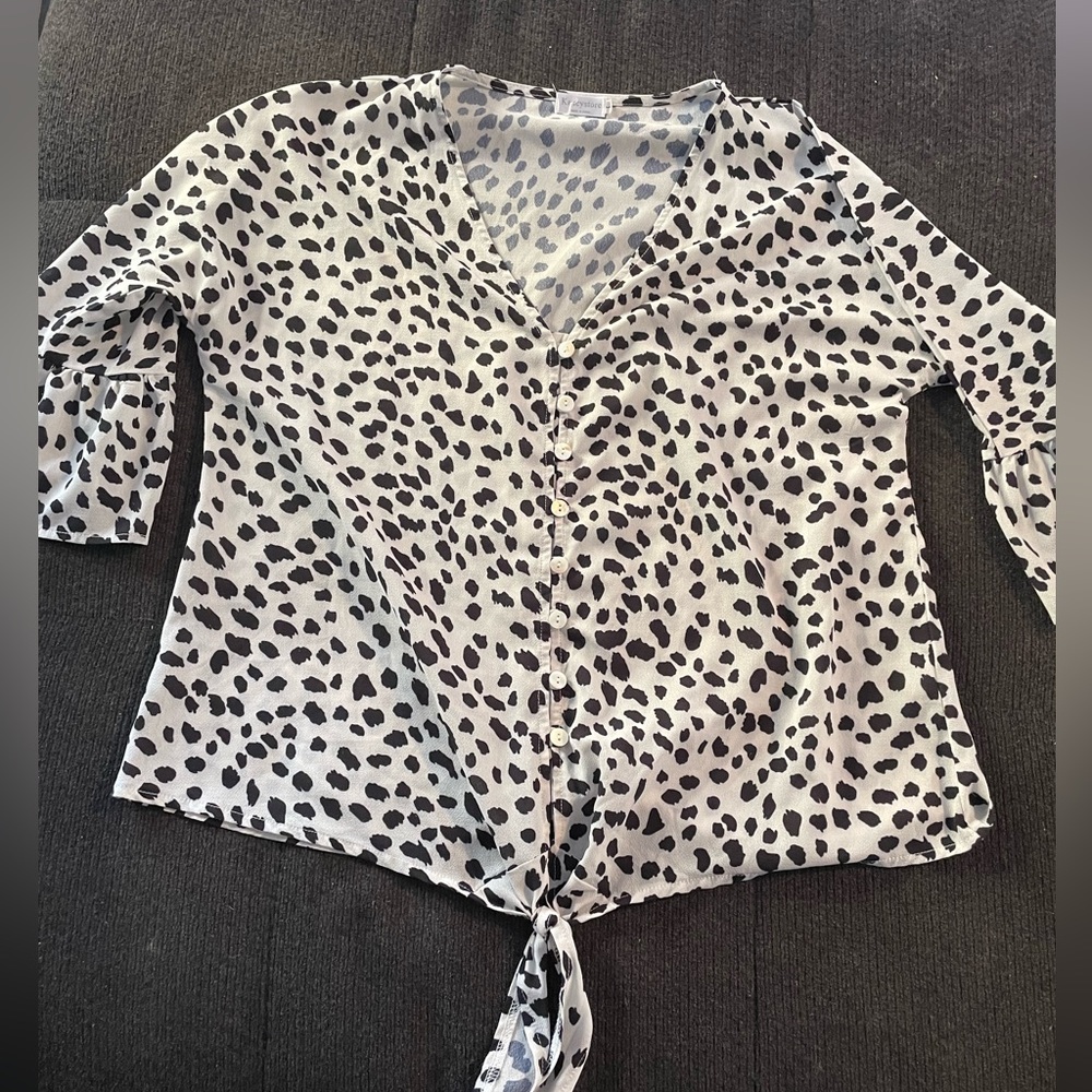 🐄 Kancystore Button Down V Neck Tie Knot Front Tops 3/4 Sleeve Chiffon - XL